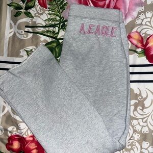 American Eagle Outfitters Light Gray Boot Cut Sweatpants with Pink Logo